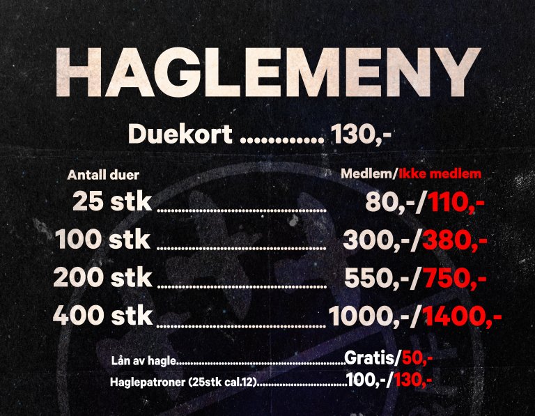 Prisoversikt for hagleskyting i RJFF. Prisene er oppdatert for 2025