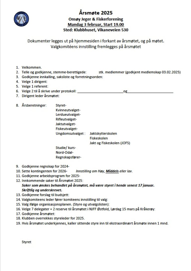 Innkalling til årsmøte 2025, Onsøy jff